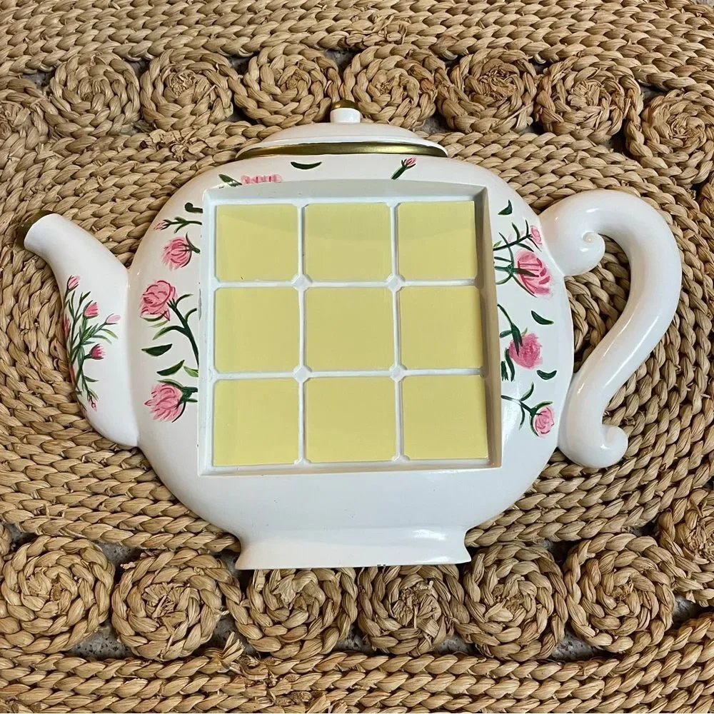 Decorative Handpainted Teapot-Shaped Ceramic and Tile Trivet White Pink Floral